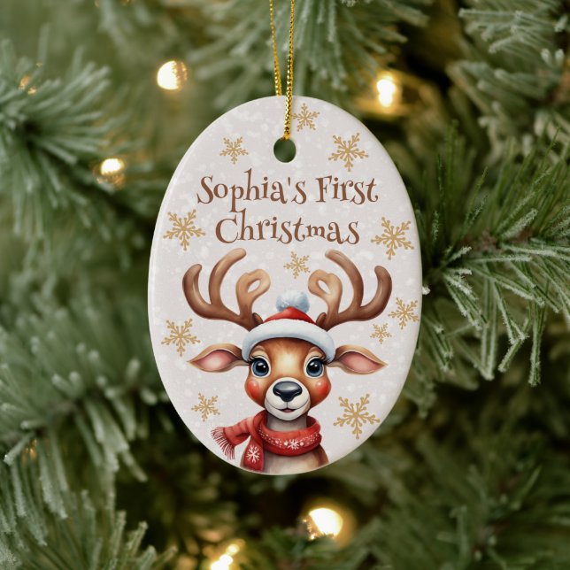 Das erste Weihnachtsjubiläum des Watercolor Rentie Keramik Ornament (Baum)