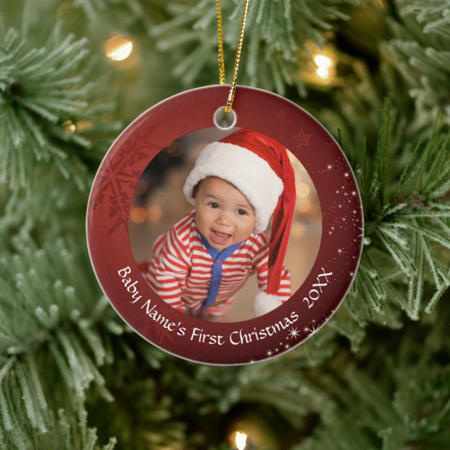 Das erste Weihnachtsrot des Babys - 2-Foto Keramik Ornament (Baum)