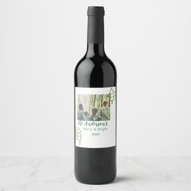 Das familiengrüne Weihnachtsbaum Foto modern Weinetikett (Vorderseite)
