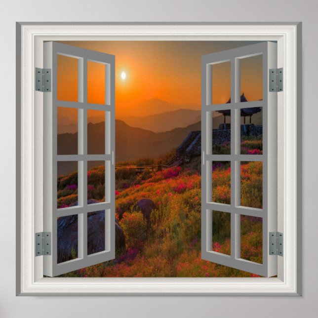 Das Fenster "Autumn Sunset Buddhist Tempel Imitats Poster (Vorne)