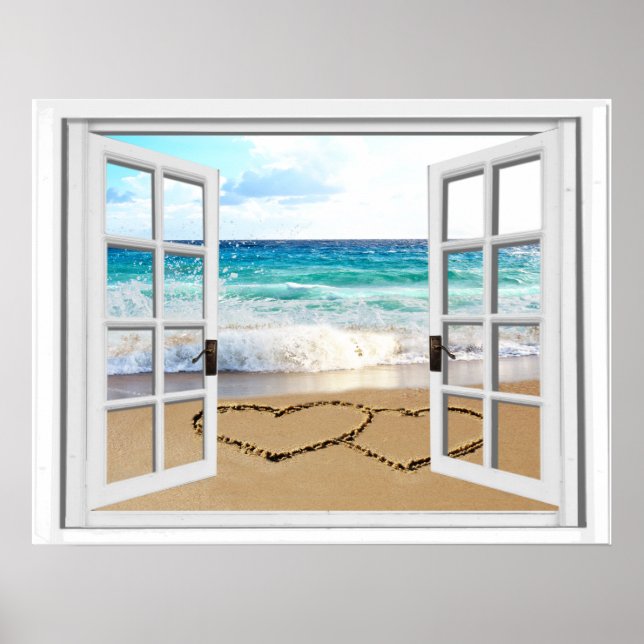 Das Fenster "Herz in Sandstrand" des Imitats Poster (Vorne)