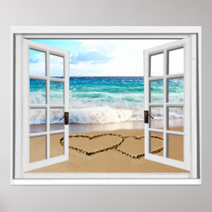 Das Fenster "Herz in Sandstrand" des Imitats Poster