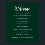 Das Ferienhaus regiert dunkelgrün und weiß Poster<br><div class="desc">Willkommen erscheint in einer weißen Schrift an der Spitze dieses Hauses Regeln Plakat für ein kurzes Miethaus. Eine kurze öffnende Anweisung befindet sich unterhalb des Skripts. Dann gibt es acht Hausregeln für ein kurzes Miethaus. Der gesamte Text ist weiß. Der gesamte Text kann so geändert werden, dass er die einzigartigen...</div>