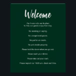 Das Ferienhaus regiert dunkelgrün und weiß Poster<br><div class="desc">Willkommen erscheint in einer weißen Schrift an der Spitze dieses Hauses Regeln Plakat für ein kurzes Miethaus. Eine kurze öffnende Anweisung befindet sich unterhalb des Skripts. Dann gibt es acht Hausregeln für ein kurzes Miethaus. Der gesamte Text ist weiß. Der gesamte Text kann so geändert werden, dass er die einzigartigen...</div>