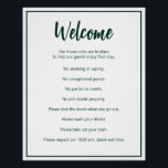 Das Ferienhaus regiert dunkelgrüne und weiße Vorla Poster<br><div class="desc">Willkommen erscheint in einer dunkelgrünen Schrift am oberen Ende dieses Hauses regelt Poster für ein kurzes Miethaus. Eine kurze öffnende Anweisung befindet sich unterhalb des Skripts. Dann gibt es acht Hausregeln für ein kurzes Miethaus. Der gesamte Text ist dunkelgrün. Der gesamte Text kann so geändert werden, dass er die einzigartigen...</div>