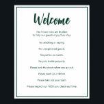 Das Ferienhaus regiert dunkelgrüne und weiße Vorla Poster<br><div class="desc">Willkommen erscheint in einer dunkelgrünen Schrift am oberen Ende dieses Hauses regelt Poster für ein kurzes Miethaus. Eine kurze öffnende Anweisung befindet sich unterhalb des Skripts. Dann gibt es acht Hausregeln für ein kurzes Miethaus. Der gesamte Text ist dunkelgrün. Der gesamte Text kann so geändert werden, dass er die einzigartigen...</div>