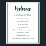 Das Ferienhaus regiert dunkelgrüne und weiße Vorla Poster<br><div class="desc">Willkommen erscheint in einer dunkelgrünen Schrift am oberen Ende dieses Hauses regelt Poster für ein kurzes Miethaus. Eine kurze öffnende Anweisung befindet sich unterhalb des Skripts. Dann gibt es acht Hausregeln für ein kurzes Miethaus. Der gesamte Text ist dunkelgrün. Der gesamte Text kann so geändert werden, dass er die einzigartigen...</div>