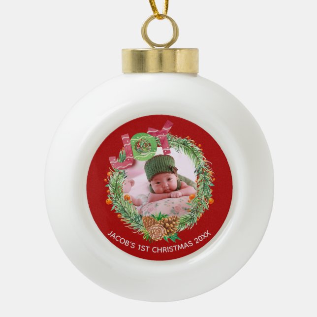 Das festliche JOY Baby's First Christmas FOTO Keramik Kugel-Ornament (Vorderseite)