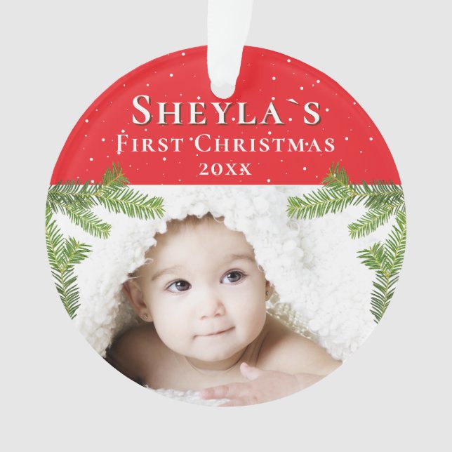 Das festliche Red Baby's First Christmas Foto Ornament (Vorderseite)