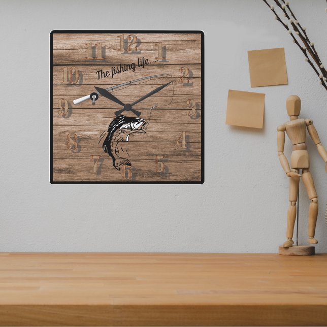 Das Fischleben mit der Angelrute Quadratische Wanduhr (Von Creator hochgeladen)