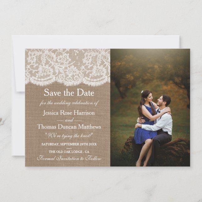 Das Foto Burlap & Lace Wedding Save The Date (Vorderseite)