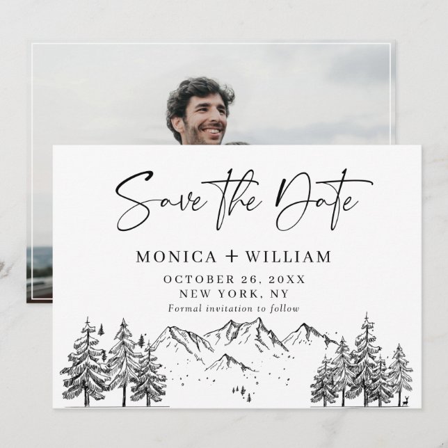 Das Foto der handgezogenen Berge Forest Wedding Re Save The Date (Vorne/Hinten)