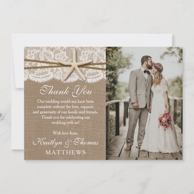 Das Foto der rustikalen Hochzeitskampagne am Stran Dankeskarte (Vorderseite)