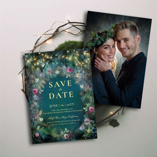 Das Foto der verzauberten Rose speichern das Datum Einladung (enchanted forest photo wedding save the date magical fairy tale woodland roses gold emerald green)
