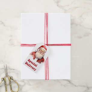 Das fröhliche Gesicht des Weihnachtsmanns auf den  Geschenkanhänger