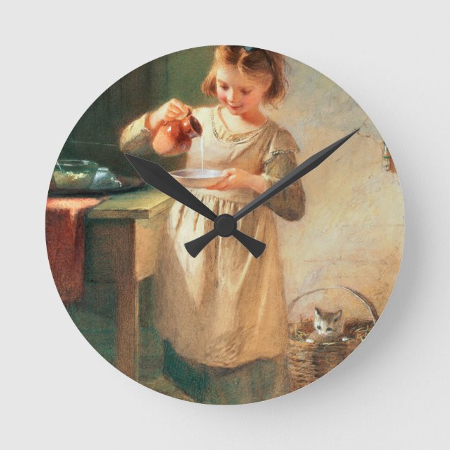 Das Frühstück der Miezekatze Runde Wanduhr (Vorderseite)