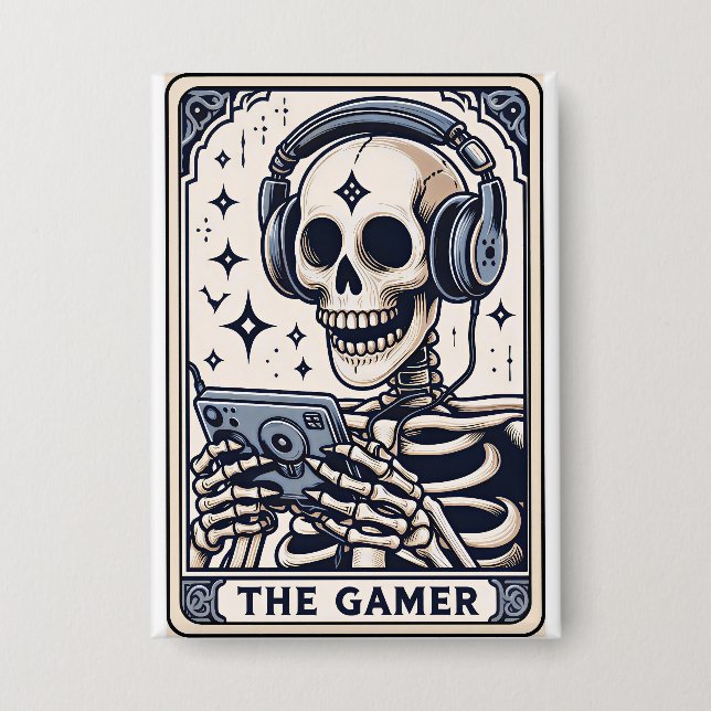 Das Gamer-Skelett-Tarotkarten-Shirt Button (Vorderseite)
