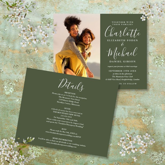 Das ganze Budget in einem Foto Öko-Hochzeitsreise (Budget All In One Photo Olive Green Wedding Invite)