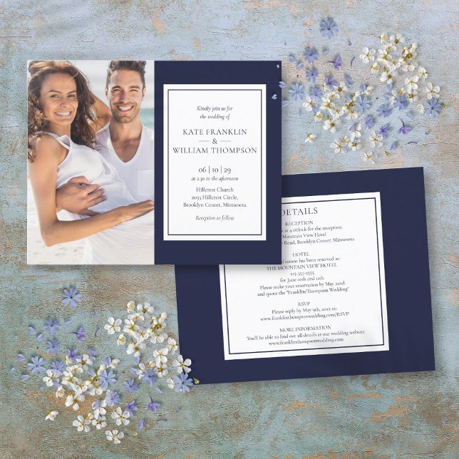 Das ganze Budget in einem Navy Blue Foto Hochzeits (Budget All In One Navy Blue Photo Wedding Invite)