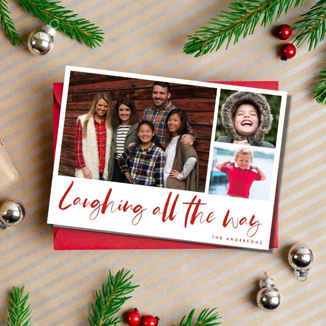Das ganze Foto der Familie über die Karierte Karte (Laughing All the Way Modern Photo Plaid Christmas Holiday Card)