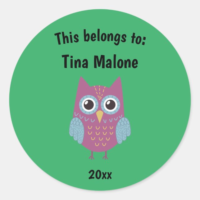 Das gehört zur Schule zurück zum Lila Owl Green Runder Aufkleber (Vorderseite)