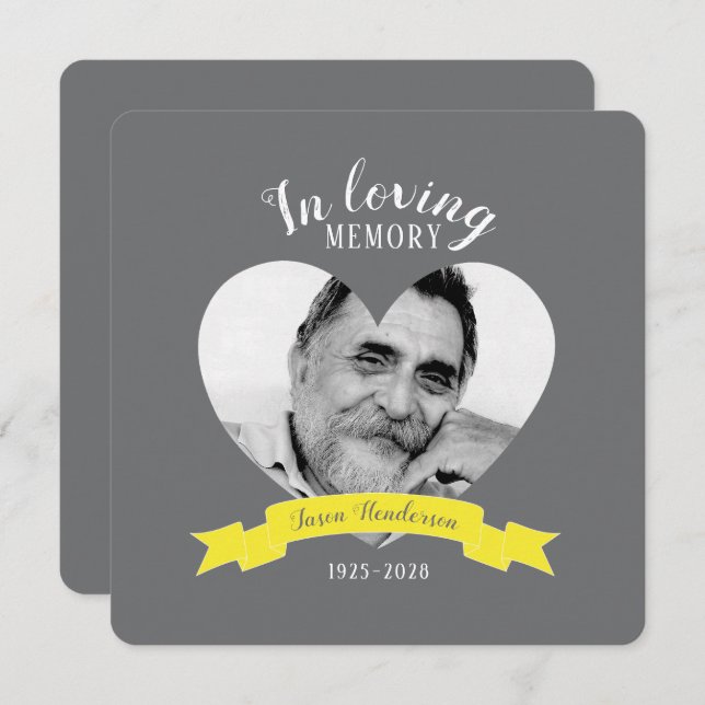 Das gelbe Band des Fotos lädt zum Gedenkservice ei Einladung (Vorne/Hinten)