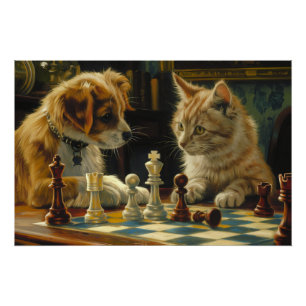 Das Gelehrten-Duell   Katze und Hund spielen Schac Poster