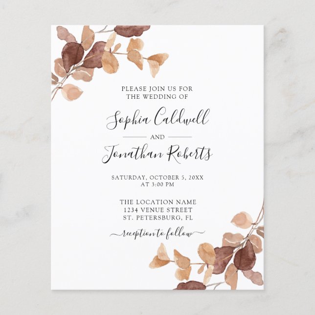 Das gesamte Budget in einer Eukalyptus-Hochzeitsfe (Vorderseite)