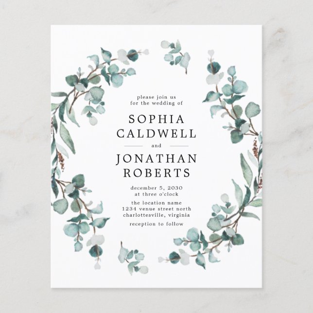 Das gesamte Budget in einer Eukalyptus-Hochzeitsfe (Vorderseite)