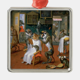 Das Geschäft des Friseurs mit Affen und Katzen Silbernes Ornament