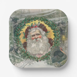 Das Gesicht des Weihnachtsmanns inmitten eines Wei Pappteller