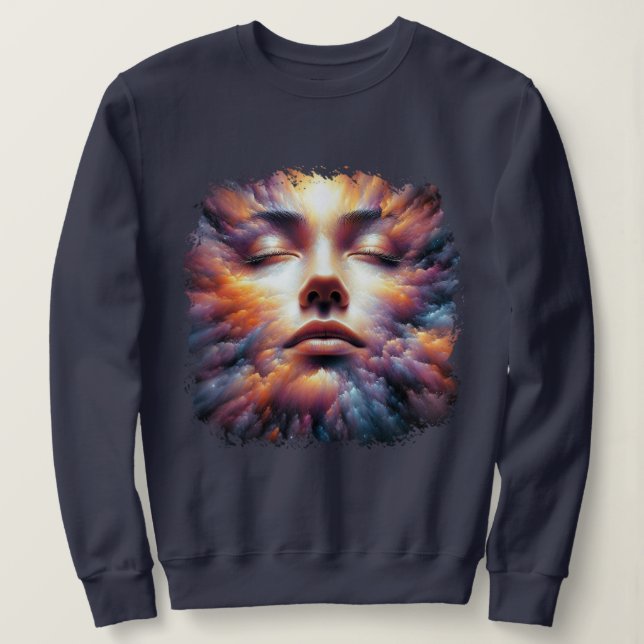 Das Gesicht vermischt sich mit farbenfrohen Wolken Sweatshirt (Design vorne)