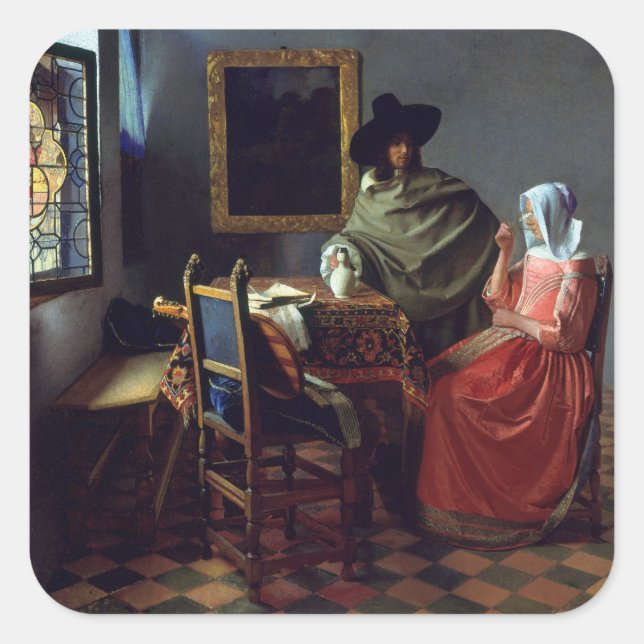Das Glas Wein von Johannes Vermeer Quadratischer Aufkleber (Vorderseite)