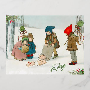 Das Glück des Winters, Vintage  Folien Feiertagspostkarte