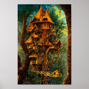 Das Golden Treehouse   Fantasy Digital Art Poster