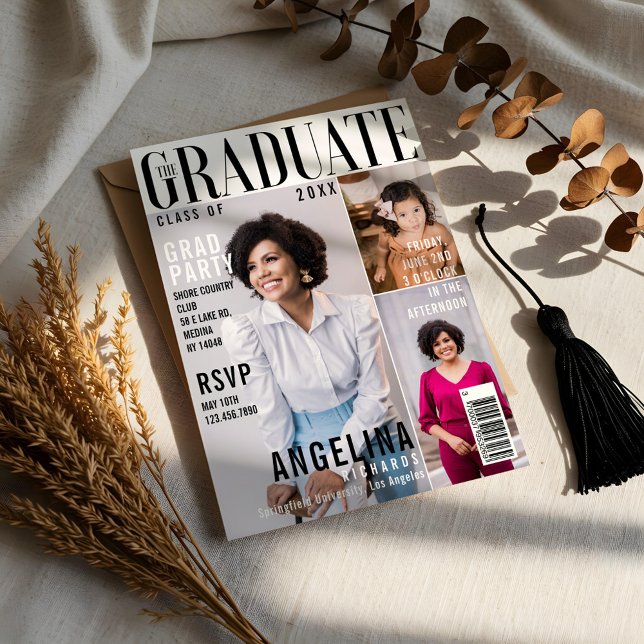 Das Graduate Trendy Magazine deckt 3 Foto Grad ab Einladung (The Graduate Trendy Magazine Cover 3 Photo Grad Invitation)