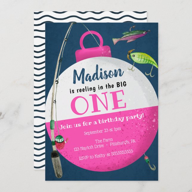 Das große ONE Fishing First Birthday Girl Einladung (Vorne/Hinten)
