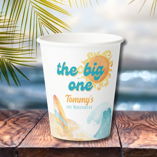 Das große Surfboard mit Wasserfarben zum 1. Geburt Pappbecher (The Big One Watercolor Surfboard 1st Birthday Paper Cups)