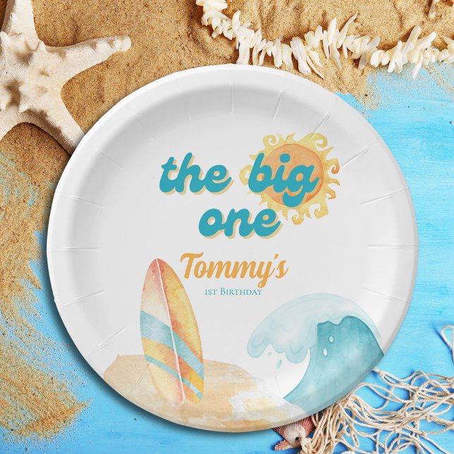 Das große Surfboard mit Wasserfarben zum 1. Geburt Pappteller (The Big One Watercolor Surfboard 1st Birthday Paper Plates
)