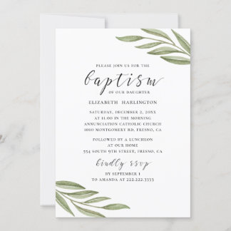 Das Grün von Aquarellen. Taufe mit Blumenschrift Einladung