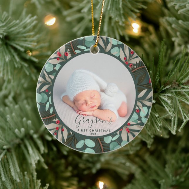 Das Grüne Baby's erstes Weihnachtsjubiläum Foto Gr Keramik Ornament (Baum)