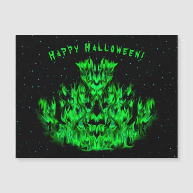 Das grüne Flammenmonster im Sternenhimmel Magnetkarte (Vorderseite)