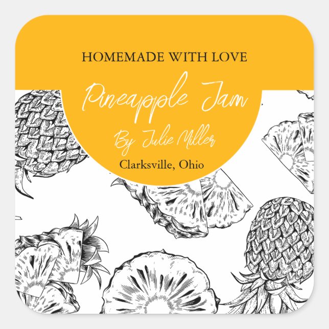 Das hausgemachte Ananas-Marmelade-Label Schwarz-We Quadratischer Aufkleber (Vorderseite)
