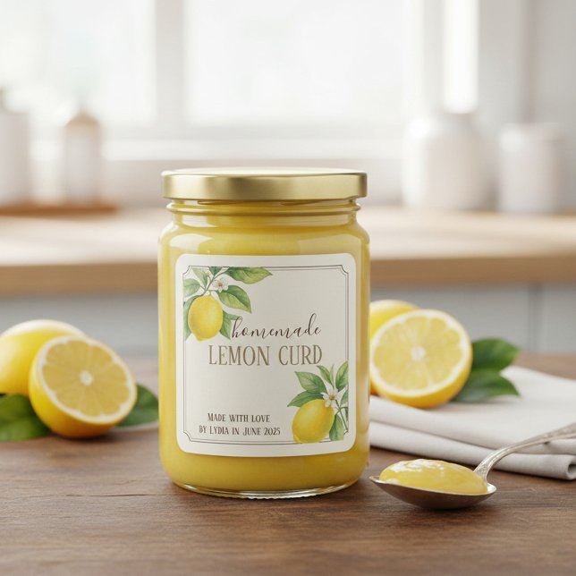 Das hausgemachte Lemon Curd Label mit Aquarellfarb Quadratischer Aufkleber (Von Creator hochgeladen)