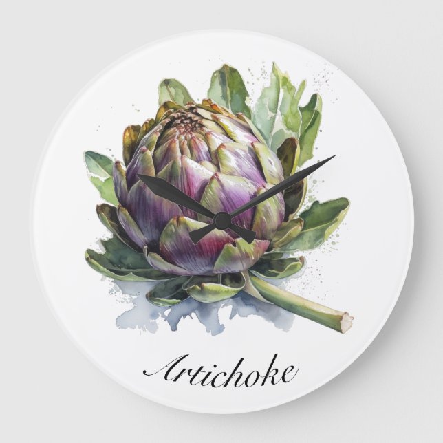 Das Herz des Gartens: Artichoke in Wasserfarbe Große Wanduhr (Vorderseite)