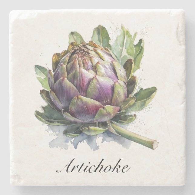 Das Herz des Gartens: Artichoke in Wasserfarbe Steinuntersetzer (Vorderseite)