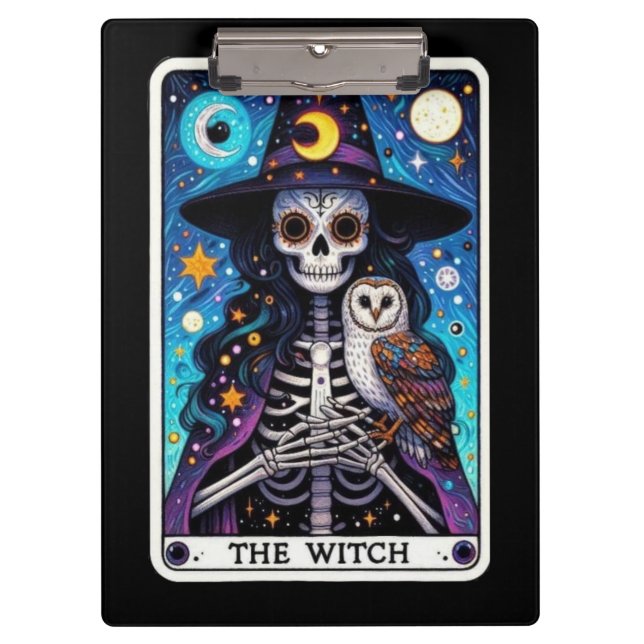 Das Hexen-Tarot | Skelett-Hexe mit Eule Klemmbrett (Vorderseite)