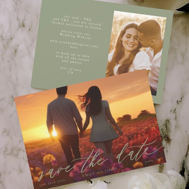 Das Hochzeitsstift Foto Modernes Weiß Grün Save The Date (Von Creator hochgeladen)