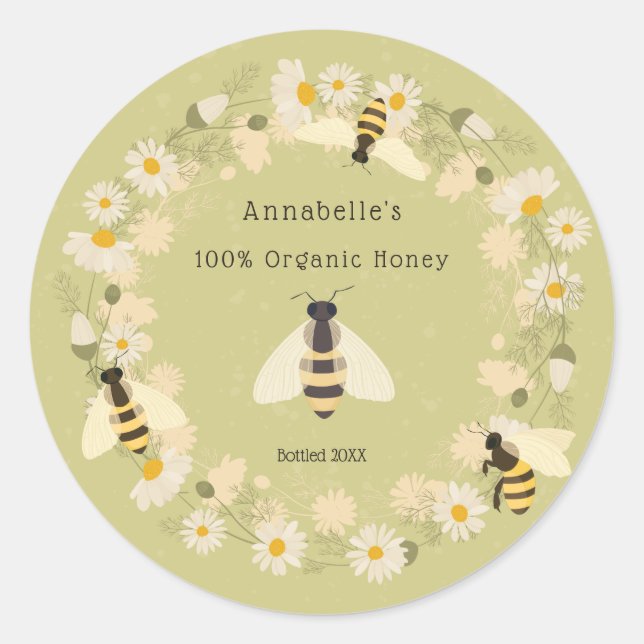 Das Honey-Label Daisy Wreath and Bies personalisie Runder Aufkleber (Vorderseite)