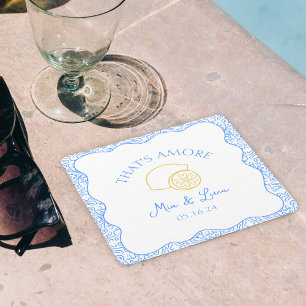 Das ist Amore Lemon Blue Tiles Personalisiert Wedd Rechteckiger Pappuntersetzer
